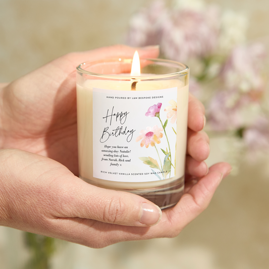 Personalised Happy Birthday Floral Design Candle